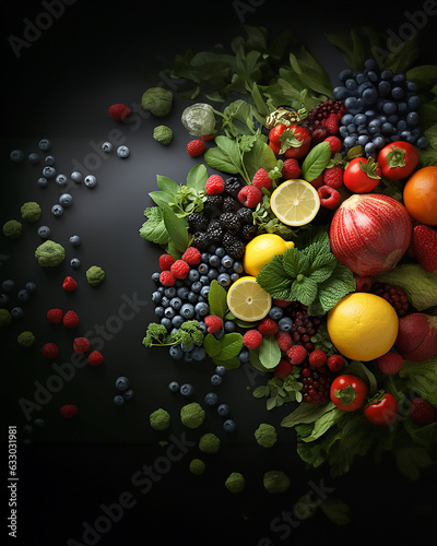 Fruit and berry layout on a dark table