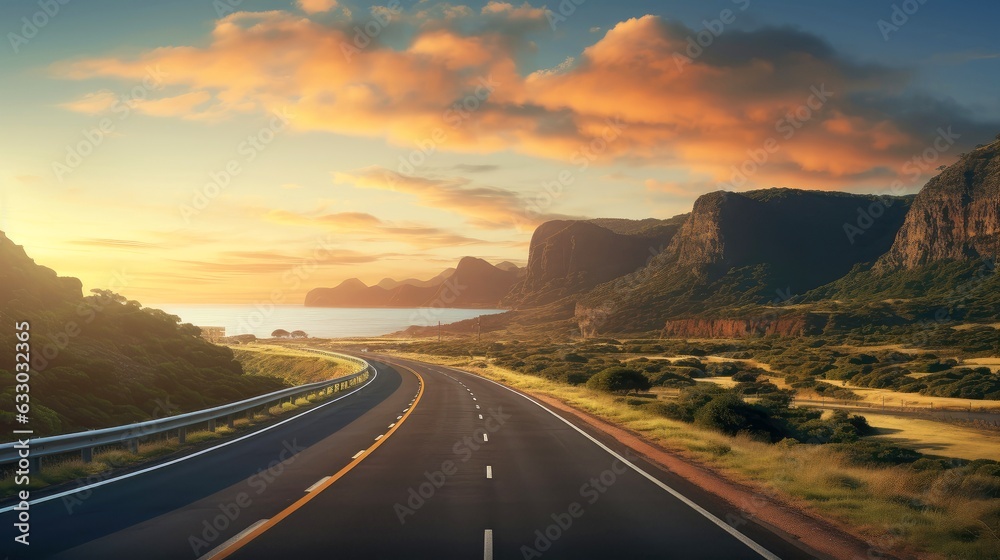 Landscape with country road, empty asphalt road on sunset background. Multicolor vibrant outdoors horizontal image, Generative AI illustration
