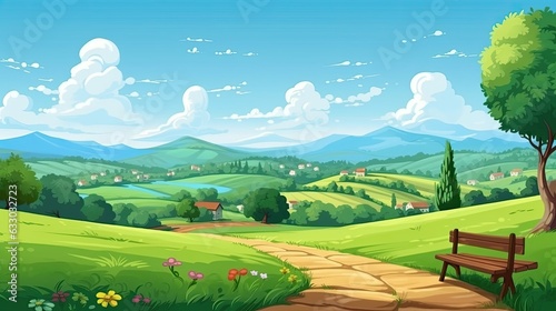 Summer residential road with a wooden seat and a view of the city skyline. A cartoon shows a green countryside with hills, trees, a blue sky, white clouds, and distant city constructions.