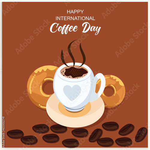Cup of coffee with coffee beans decoration and sprinkle forming world map  banner  poster  greeting card vector