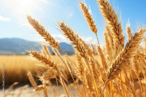 Ripe wheat ears on field  closeup. Harvesting concept