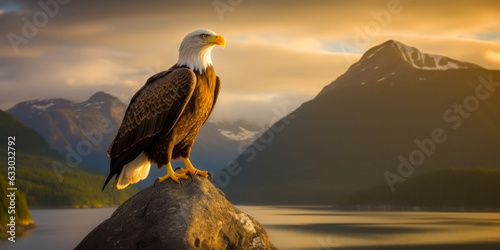 Against the warm glow of the setting sun the bald eagle - Generative AI photo