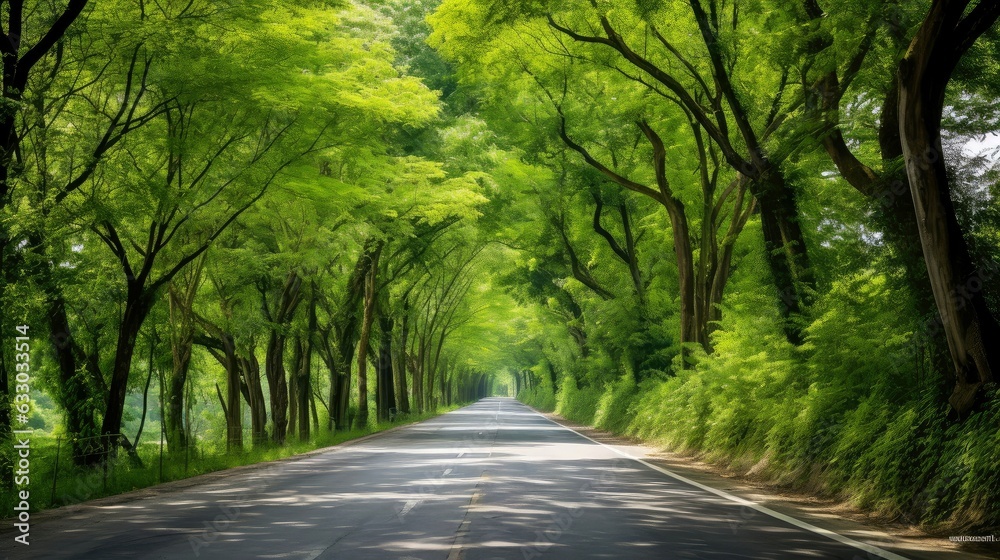 Obraz premium Path way through the autumnal forest natural way, road to the tropical forest field, relaxing with ecological environment, freedom lifestyle concept, Generative AI illustration