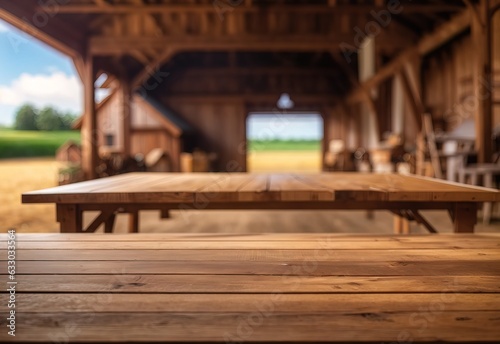 The empty wooden brown table top with blur background of farm and barn © Alief Shop