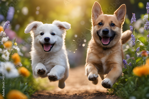 Two puppies running in the garden generative ai
