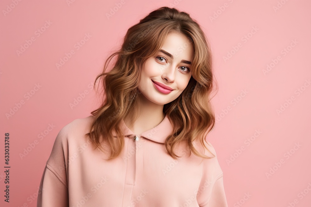 Polite and charismatic pretty young girl with long fair hair in corduroy trendy overalls pointing left as if inviting or showing something interesting smiling friendly at camera over pink background Polite and charismatic pretty young girl with long fair hair in corduroy trendy overalls pointing left as if inviting or showing something interesting smiling friendly at camera over pink background