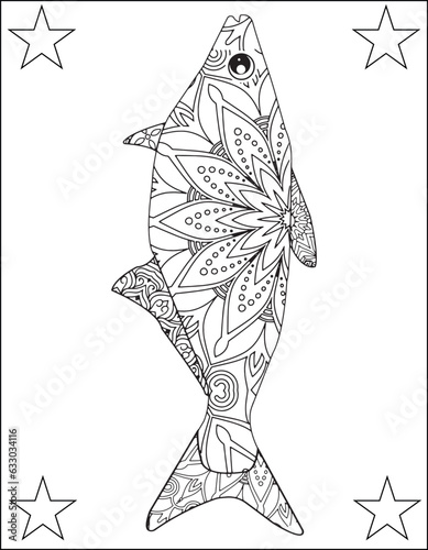 Ocean Animals Mandala Coloring Pages. Adult antistress coloring page. Black white hand drawn vector doodle of an oceanic animal for coloring book. Fish Mandala. Ocean animals Zentangle Vector. 