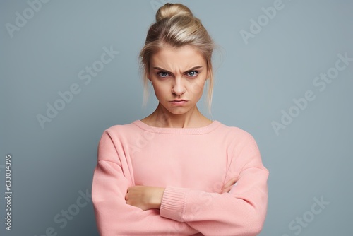 Portrait of angry dissatisfied European young female frowning her face, holding fists in front of her, ready to fight or defend herself. aggressive, emotional female, feeling insulted photo