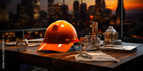Engineer’s table with construction plans and glasses. Orange hard hat in the centre of the table. Night cityscape at backdrop.