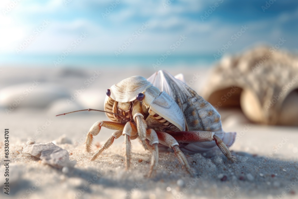 Walking white sand hermit crab On the seashore, a close up of a hermit crab