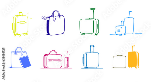A set of sketches of various travel suitcases. Color vector illustration.
