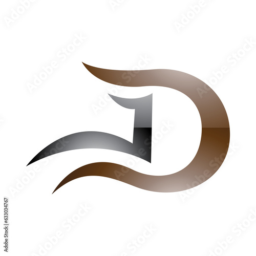 Brown and Black Glossy Letter D Icon with Wavy Curves
