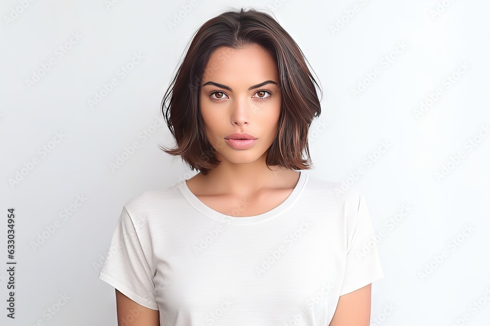 Portrait of beautiful serious brunette woman focused at camera has dark hair combed in bun dressed in casual t shirt isolated over white background. Confident Indian female model with calm expression Portrait of beautiful serious brunette woman focused at camera has dark hair combed in bun dressed in casual t shirt isolated over white background. Confident Indian female model with calm expression