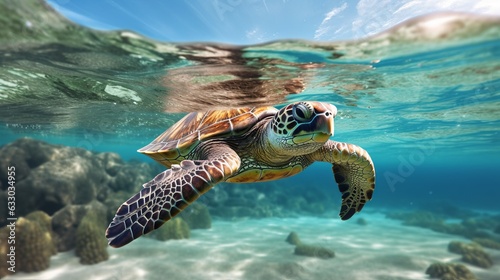 Illustration of a turtle swimming near a vibrant coral reef in sea