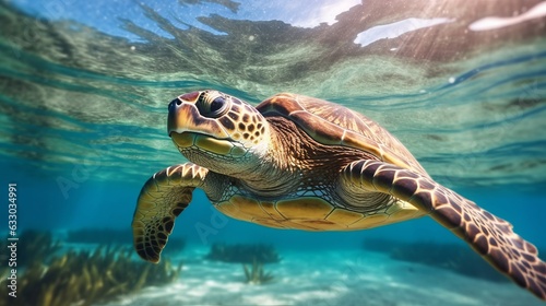 Illustration of a turtle swimming near a vibrant coral reef in sea © NK