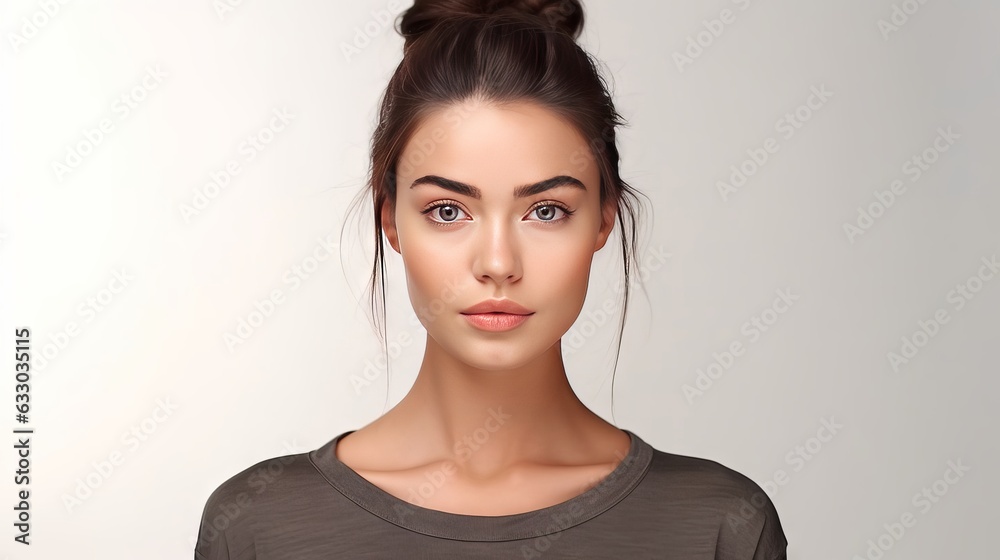 Confident Young Woman with Attractive Bun Hairstyle and Brown Hair Confident Young Woman with Attractive Bun Hairstyle and Brown Hair
