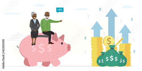 Smart grandparents ride piggy bank to wealth. Protection of savings. Elderly couple searching way to profit and dividends. Pension fund with good money management, passive income