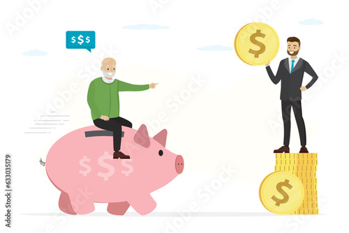 Smart grandfather ride piggy bank to bank manager. Protection of savings. Old man searching way to profit and dividends. Pension fund with good money management, passive income.