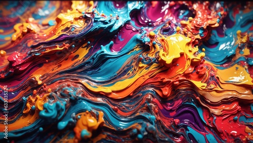 Dynamic 4K panorama abstract waves of liquid paint in vibrant mix of colors