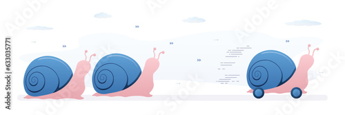 Metaphor of competition, confrontation. Snails compete in speed. Smart snail moves fast on wheels and wins competition. Concept of efficiency, intelligence and resourcefulness.