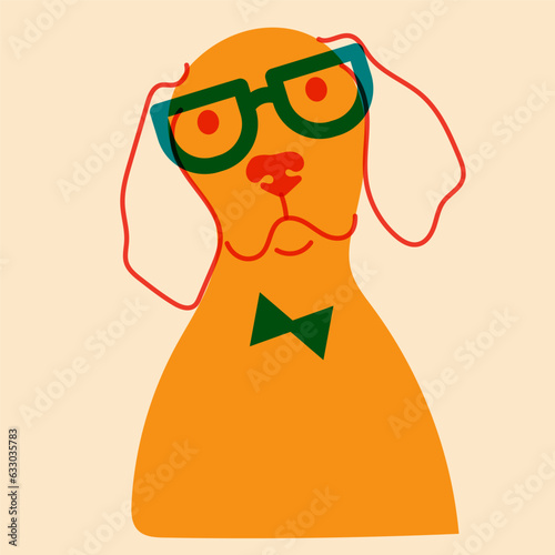 Dog, puppy in glasses. Avatar, badge, poster, logo templates, print. Vector illustration in a minimalist style  with Riso print effect. Flat cartoon style photo