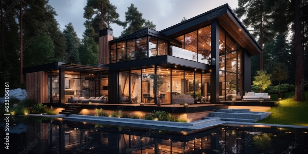 Design of a modern high-tech house. Country house with flat roof. Generative AI Design of a modern high-tech house. Country house with flat roof. Generative AI