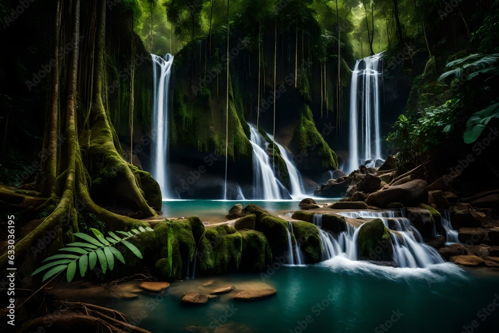 Waterfall in the woods, beautiful background,beautiful  nature - Generative AI