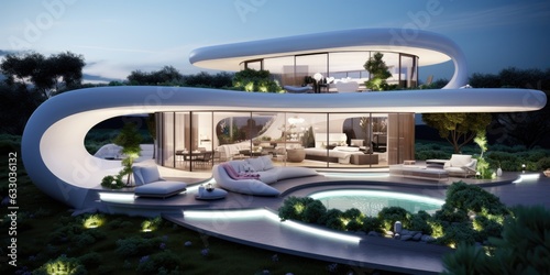 modern eco house with swimming pool and a lot of greenery around. Evening photo. Generative AI
