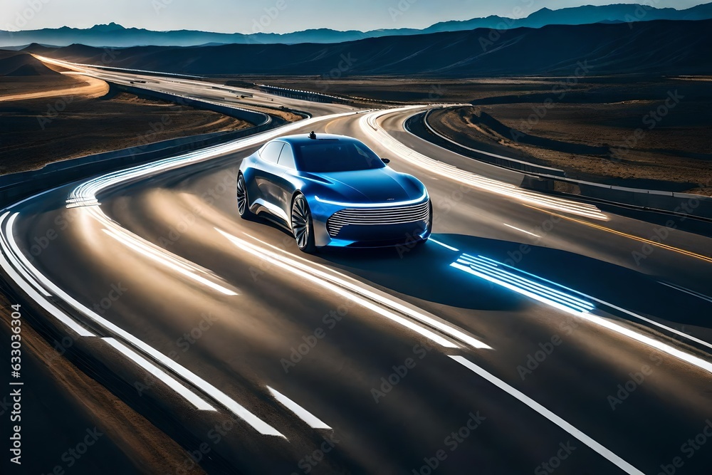 Electrical car on the road, futuristic car - Generative AI
