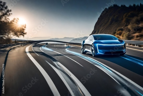 Electrical car on the road, futuristic car - Generative AI