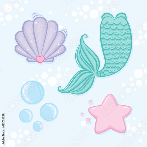 Cute cartoon sea doodle icon set. Hand drawn sea, starfish, bubbles, shell, mermaid tail