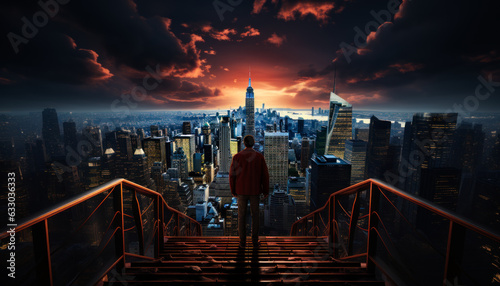 Rear view of a man standing on the top of metal stairs. Man looking at the beautiful cityscape at sunset. photo