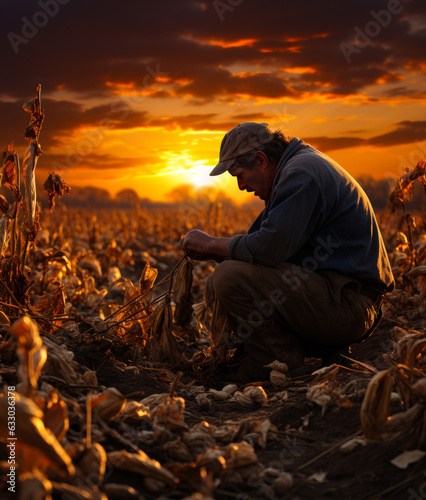 Male farmer in a cap sits in the field at sunset. Man picking dry ripe plants in his farmland.