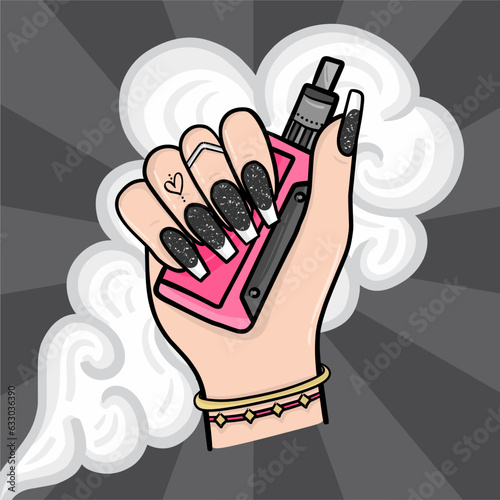 Female hand holding vape with smoke 