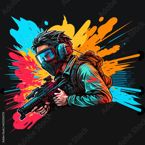 Airsoft player Soldier with weapons at war. Splashes of color from gunshots in the background. Cartoon vector illustration.