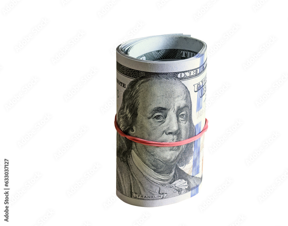 A roll of hundred dollar bills, tied with a rubber band, transparent background. A roll of hundred dollar bills, tied with a rubber band, transparent background.