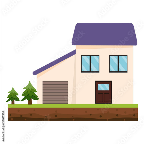 Vector illustration of a comfortable modern citizen's house and garage with a clean yard