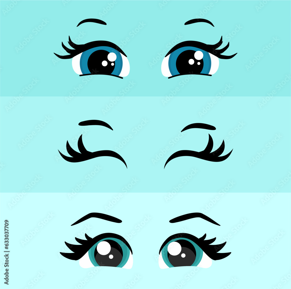 Kawaii manga style female cute eyes set. Drawing doll eyes, eyes for mascot. Beautiful eyes with female eyelashes. Kawaii manga style female cute eyes set. Drawing doll eyes, eyes for mascot. Beautiful eyes with female eyelashes.