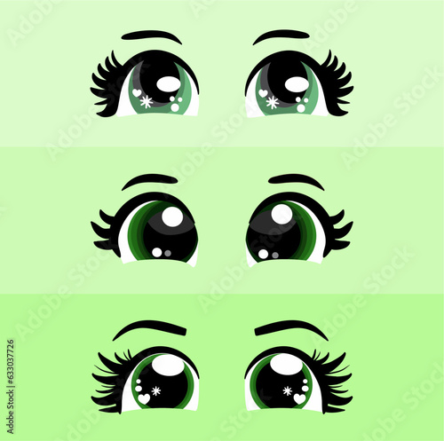 Kawaii manga style female cute eyes set. Drawing doll eyes, eyes for mascot. Beautiful eyes with female eyelashes.