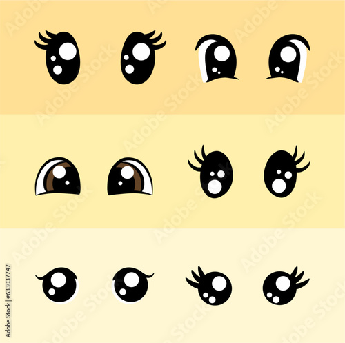 Kawaii manga style female cute eyes set. Drawing doll eyes, eyes for mascot. Beautiful eyes with female eyelashes.