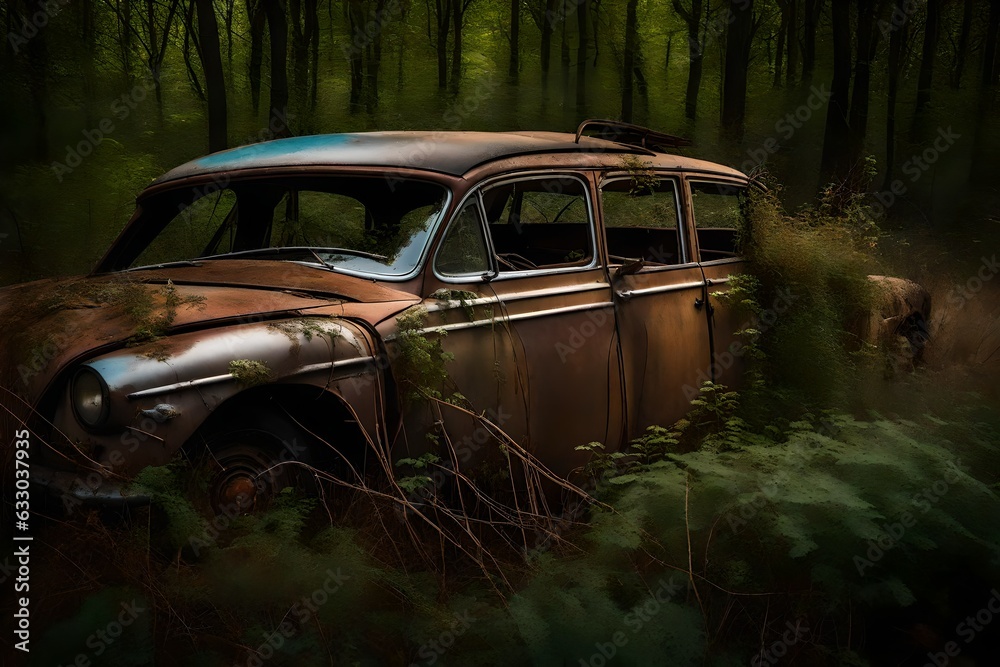 car wreck in bushes, old cars, abandoned cars, muscle car, classic car - Generative AI car wreck in bushes, old cars, abandoned cars, muscle car, classic car - Generative AI