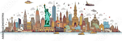 New York City panorama, urban landscape with modern buildings. Business travel and travelling of landmarks. Illustration, web background. Skyscraper silhouette. United States - Generative AI