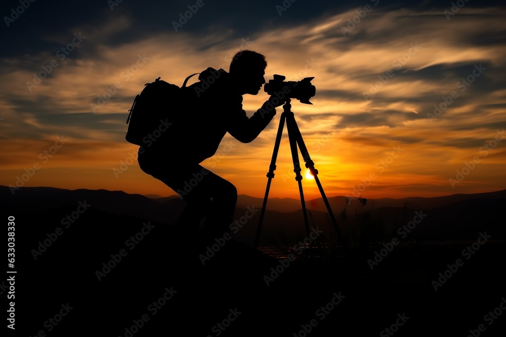 A professional photographer's silhouette is focused on shooting in a beautiful meadow, photography
