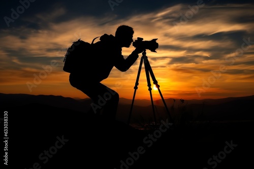 A professional photographer's silhouette is focused on shooting in a beautiful meadow, photography