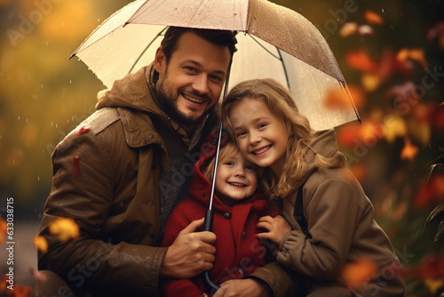Happy family under umbrella in a rainy day. Outdoor portrait. AI generated