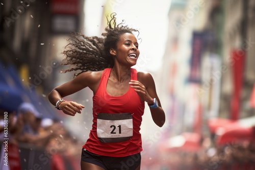 femme africaine franchissant la ligne d'arrivée d'une compétition de course à pied photo