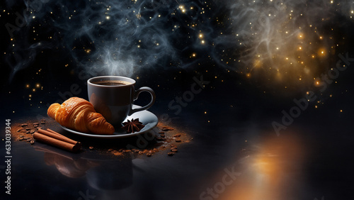 Heisse Tasse Kaffe mit H  rnchen Croissant im dunklen Licht  ai generativ