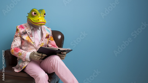 Eidechse als Geschäftsmann im Anzug sitz und liest die Zeitung cartoon, ai generativ