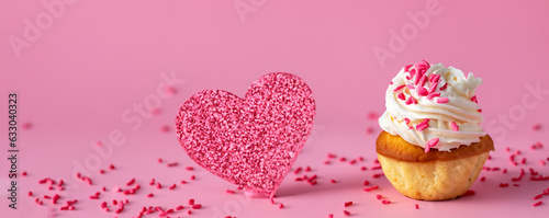 delicious pancake with pink cream on pink background with pink sprinkles on the ground
