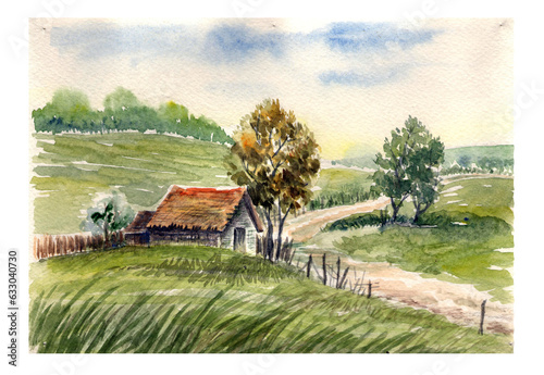 watercolor illustration landscape scenery with house